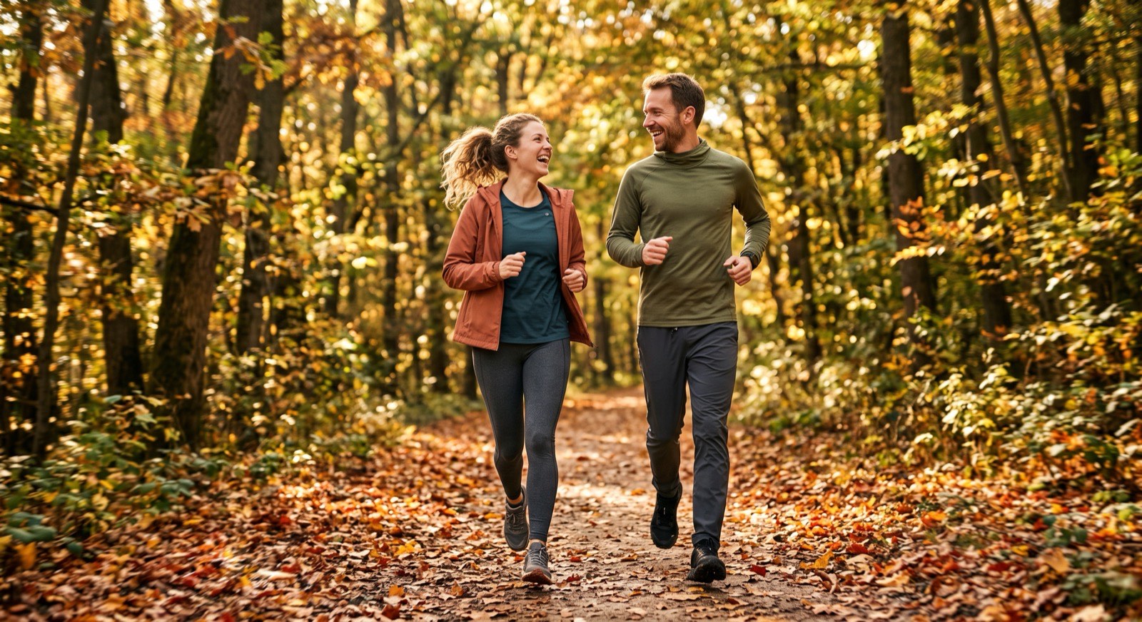 Two runners on a forest trail