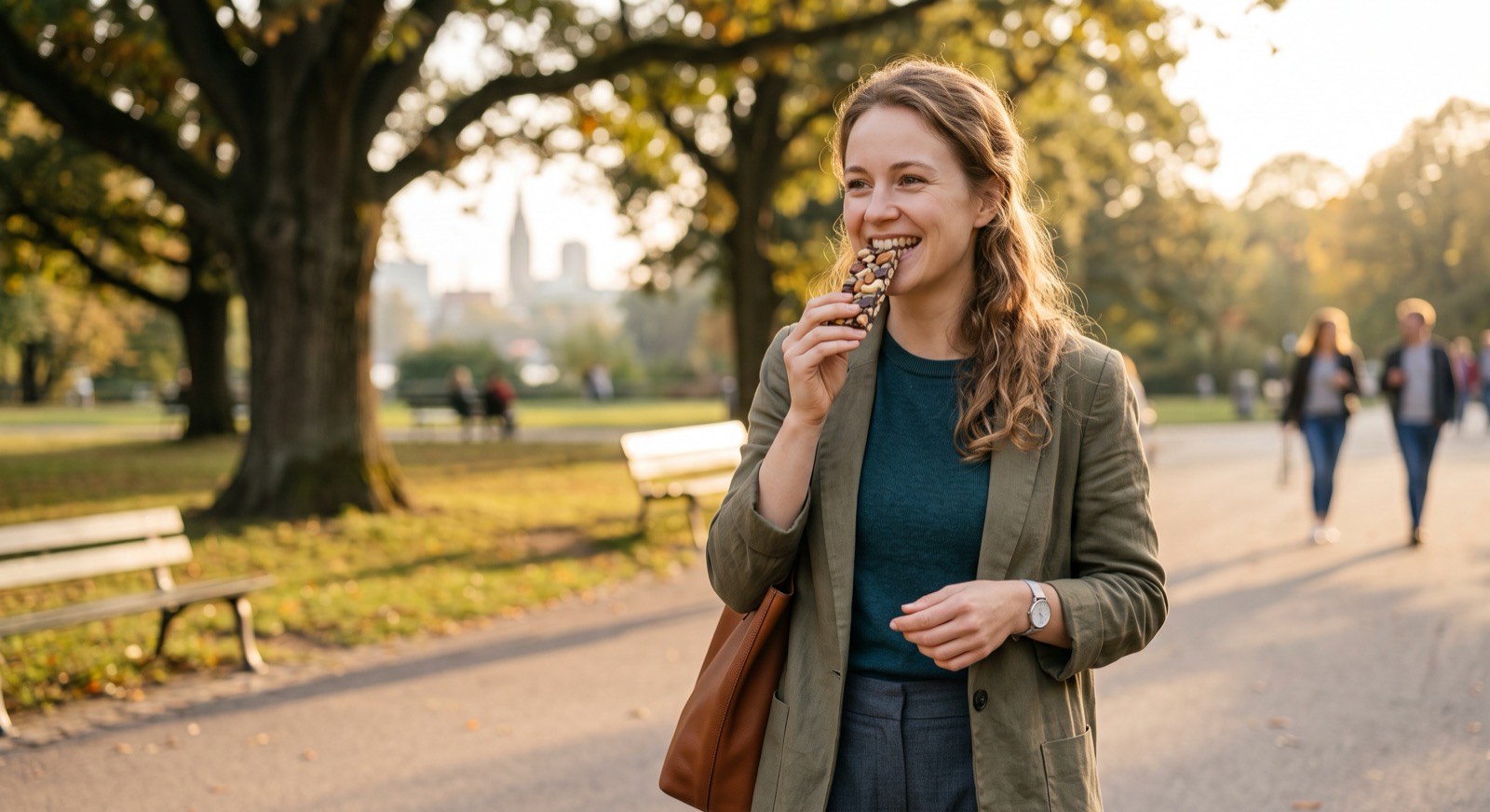 Eating a nut bar on a walk
