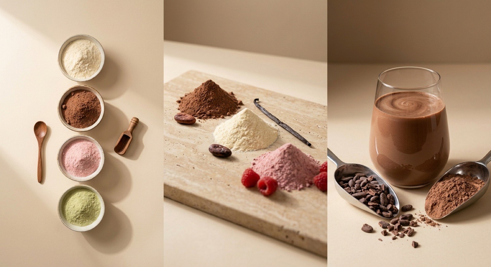 Protein and powder raw materials in bowls