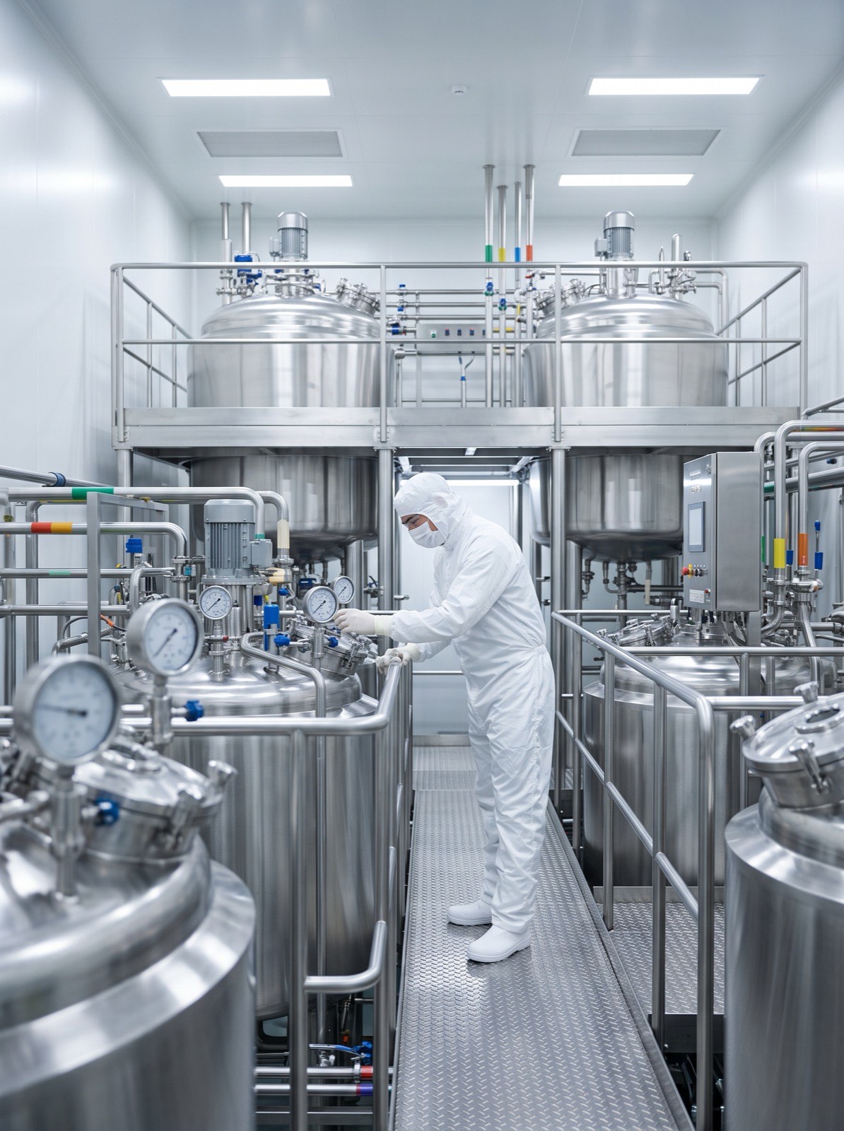 Technician in a cleanroom production hall checking stainless-steel processing tanks