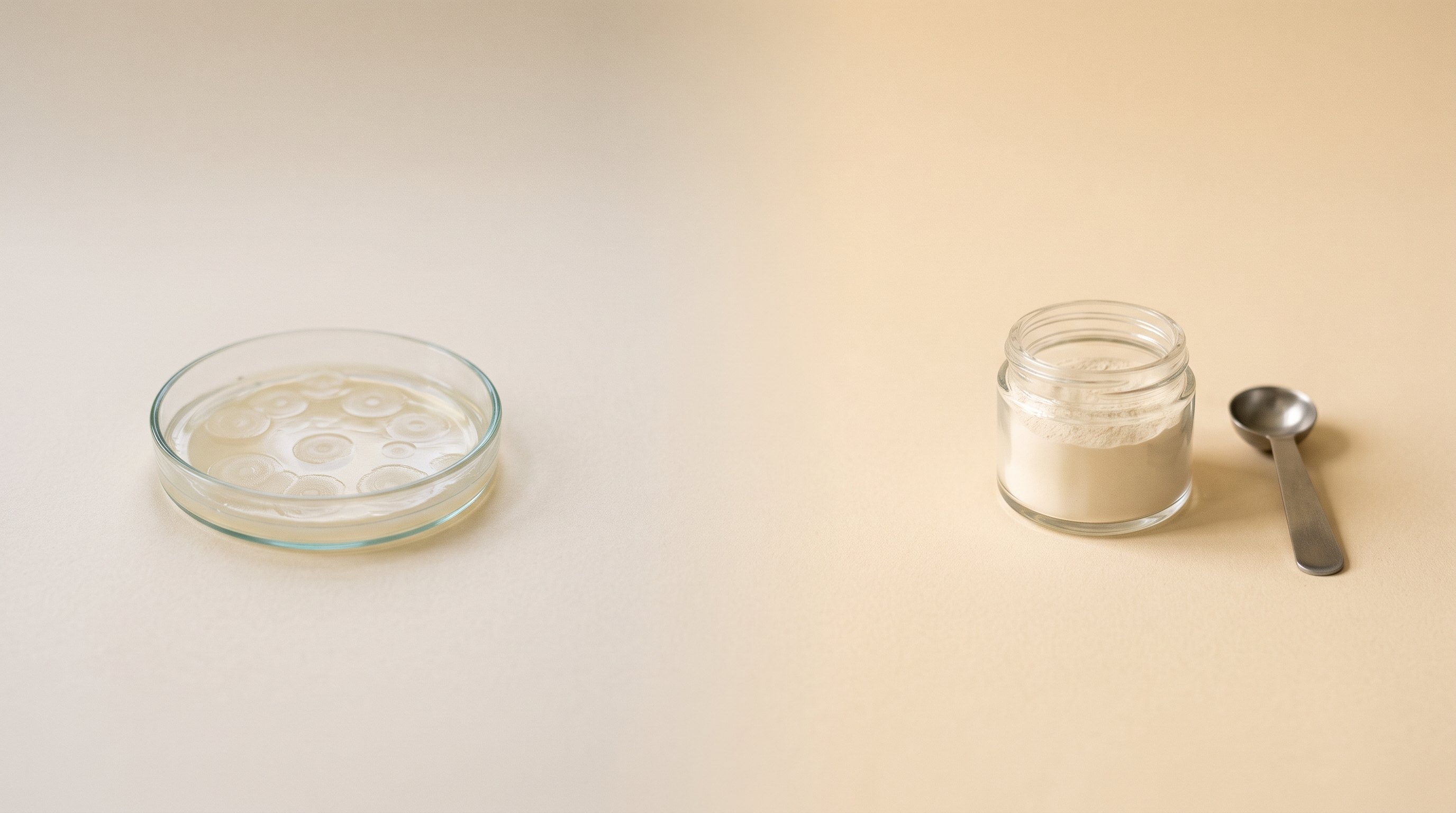 Live probiotic culture in a petri dish next to a jar of dry postbiotic powder