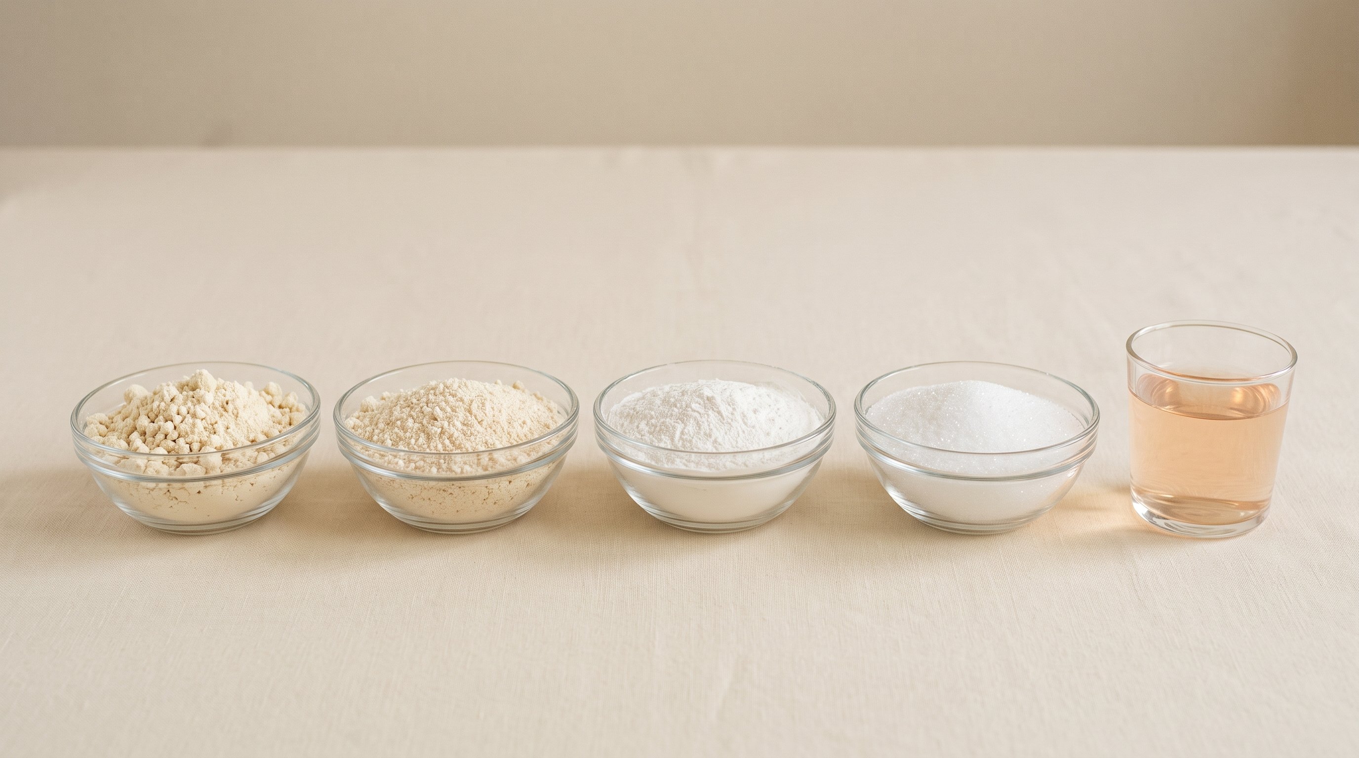 Quattro qualità di proteine del siero in ciotole di vetro accanto a un bicchiere di bevanda clear whey