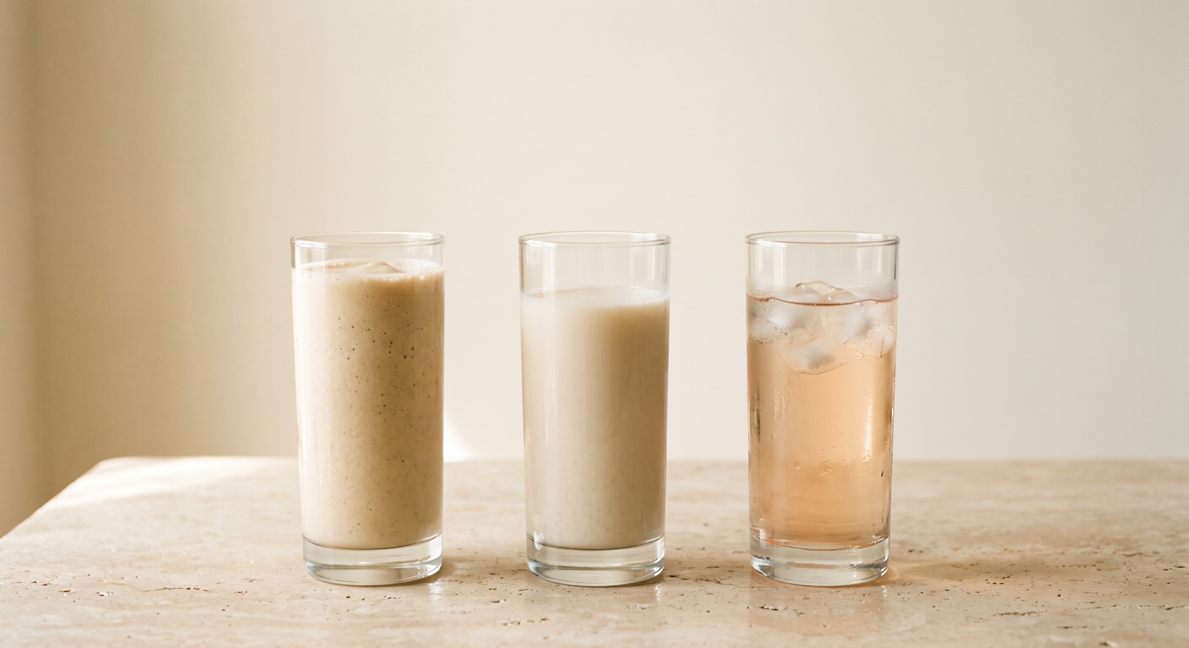 Drei Proteindrinks nebeneinander: cremiger WPC80-Shake, leichterer WPI90-Shake und klarer WPI90-Drink